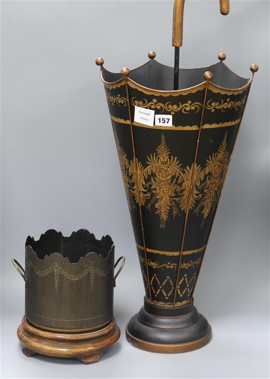 A black and gilt lacquered toleware stick stand and a jardiniere tallest 73cm